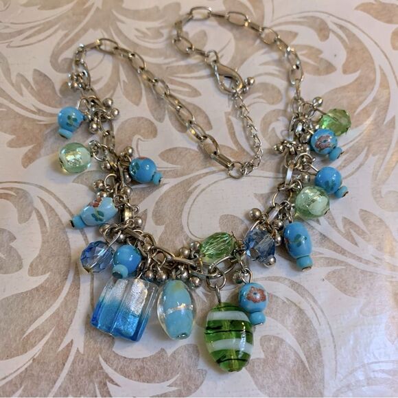 Painted Glass Necklace 18” Dainty Floral Design on Silver Tone Chain Gorgeous - Picture 1 of 7